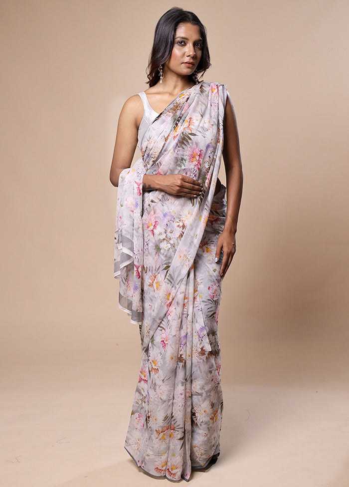 Grey Handloom Chiffon Pure Silk Saree With Blouse Piece