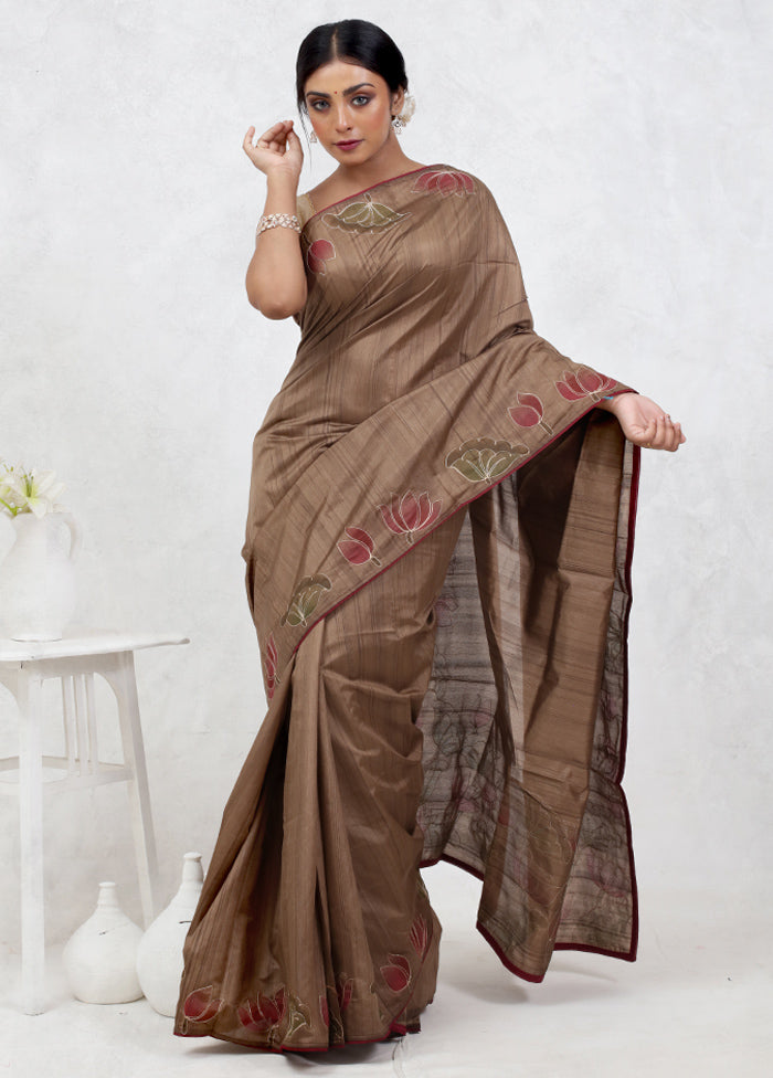 Brown Dupion Silk Saree Without Blouse Piece