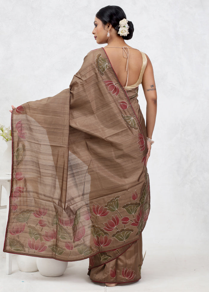 Brown Dupion Silk Saree Without Blouse Piece - Indian Silk House Agencies