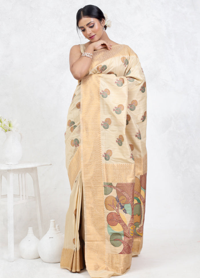 Cream Baluchari Silk Saree Without Blouse Piece - Indian Silk House Agencies