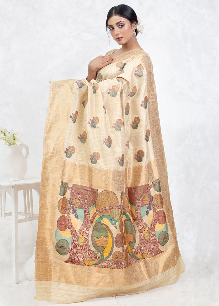 Cream Baluchari Silk Saree Without Blouse Piece - Indian Silk House Agencies
