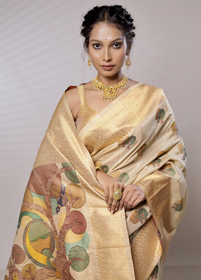 Cream Baluchari Silk Saree With Blouse Piece - Indian Silk House Agencies