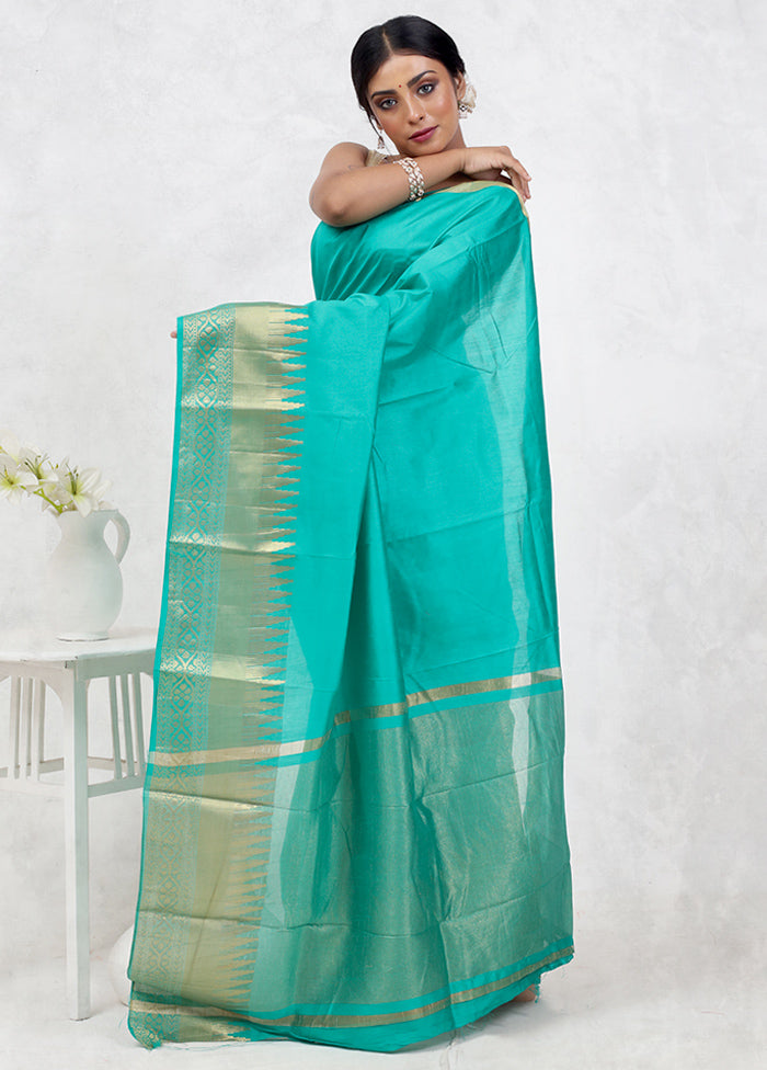 Green Dupion Silk Saree Without Blouse Piece - Indian Silk House Agencies