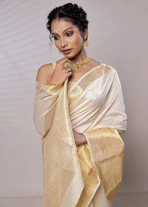 Cream Dupion Silk Saree Without Blouse Piece