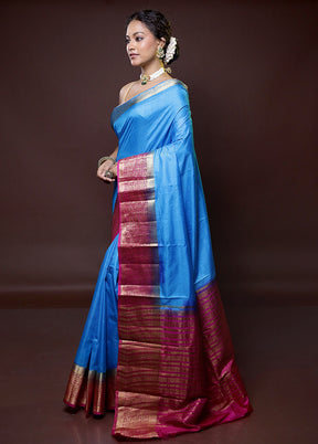 Blue Dupion Silk Saree With Blouse Piece