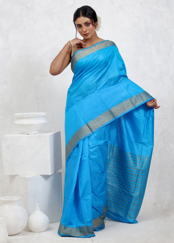 Blue Dupion Silk Saree With Blouse Piece