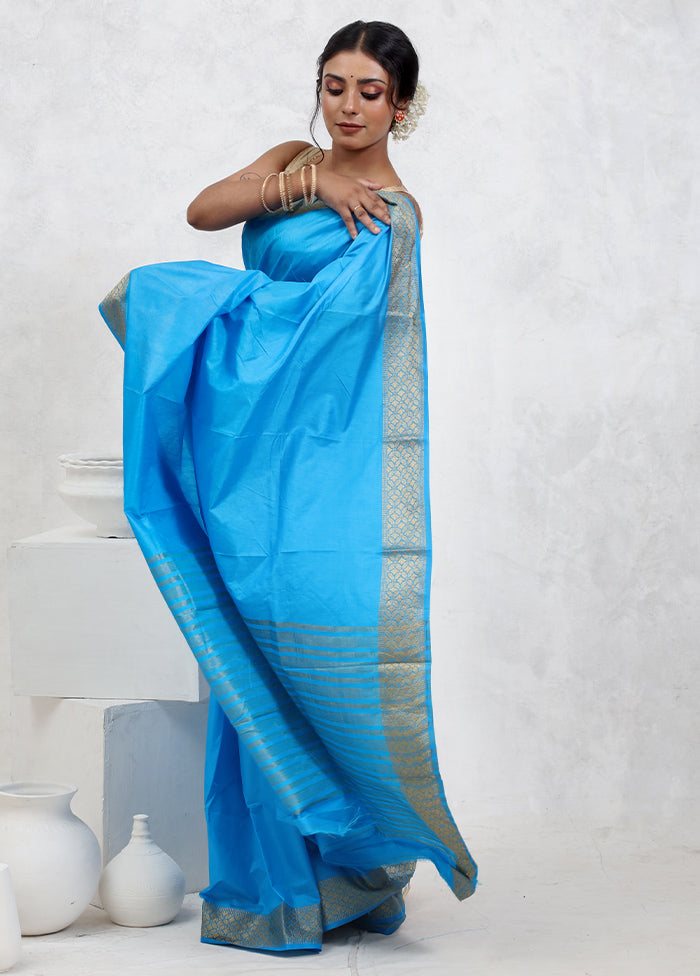 Blue Dupion Silk Saree With Blouse Piece