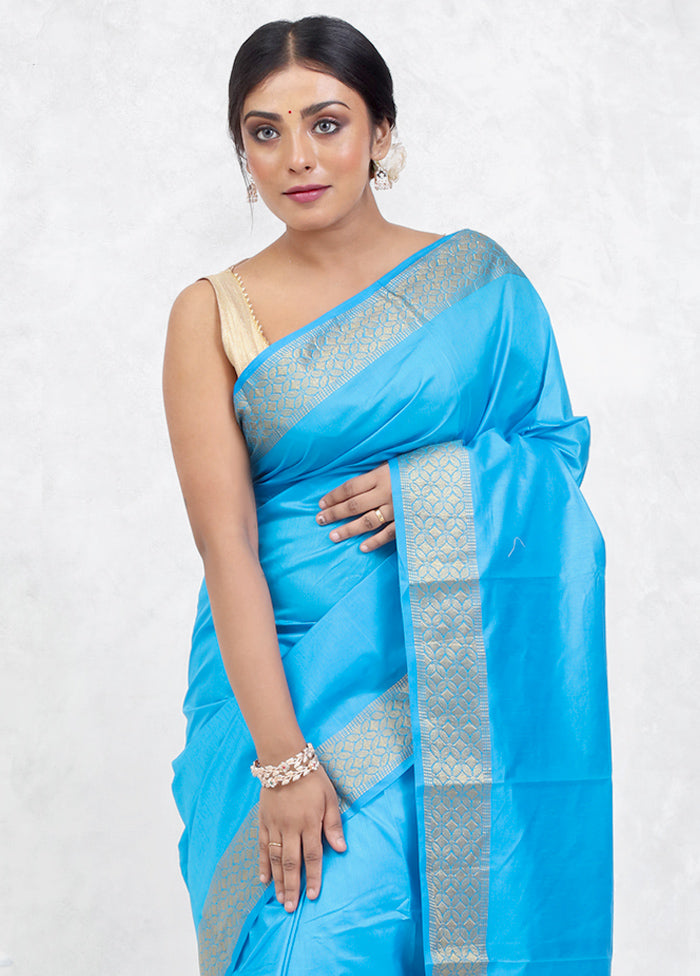 Blue Dupion Silk Saree Without Blouse Piece - Indian Silk House Agencies