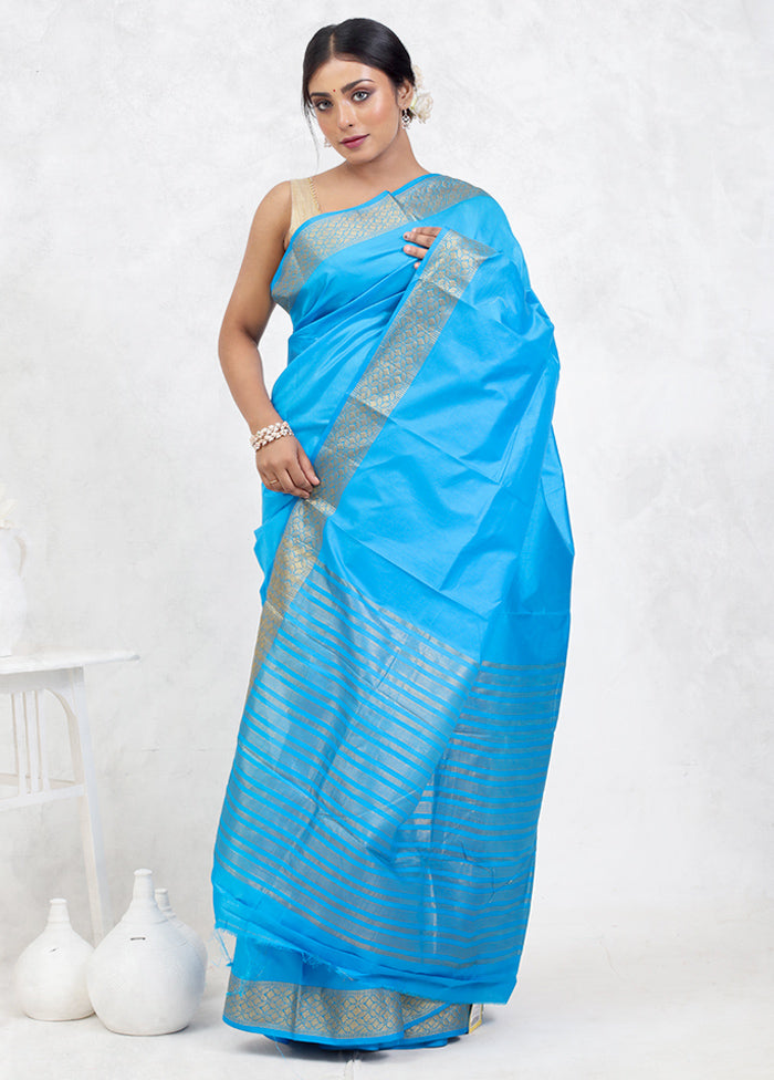 Blue Dupion Silk Saree Without Blouse Piece - Indian Silk House Agencies