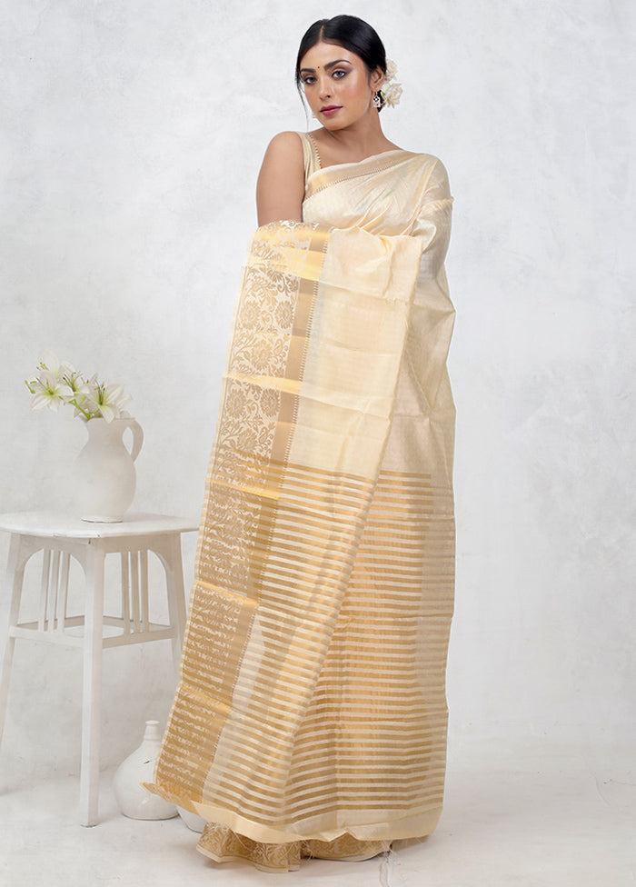 Cream Dupion Silk Saree Without Blouse Piece - Indian Silk House Agencies