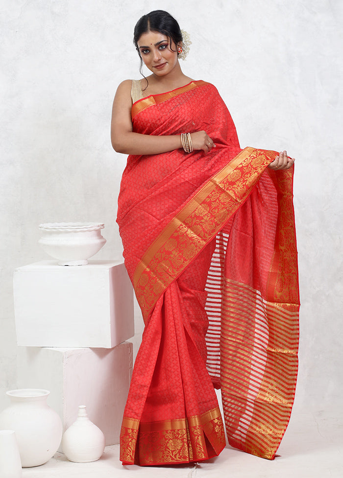 Red Dupion Silk Saree With Blouse Piece - Indian Silk House Agencies