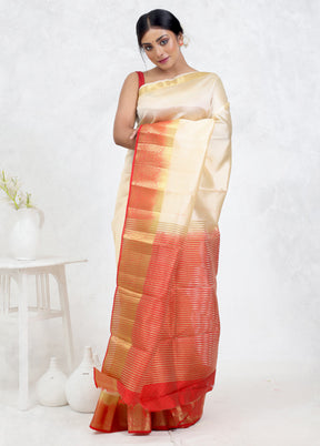 Cream Dupion Silk Saree Without Blouse Piece - Indian Silk House Agencies