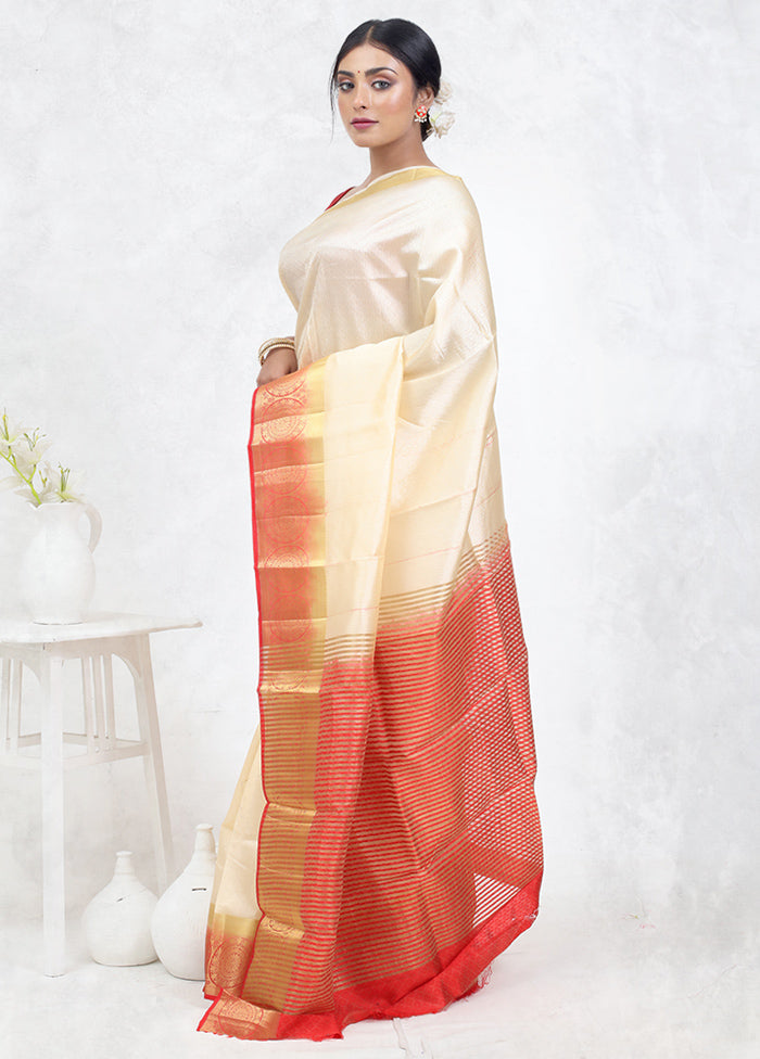 Cream Dupion Silk Saree Without Blouse Piece - Indian Silk House Agencies