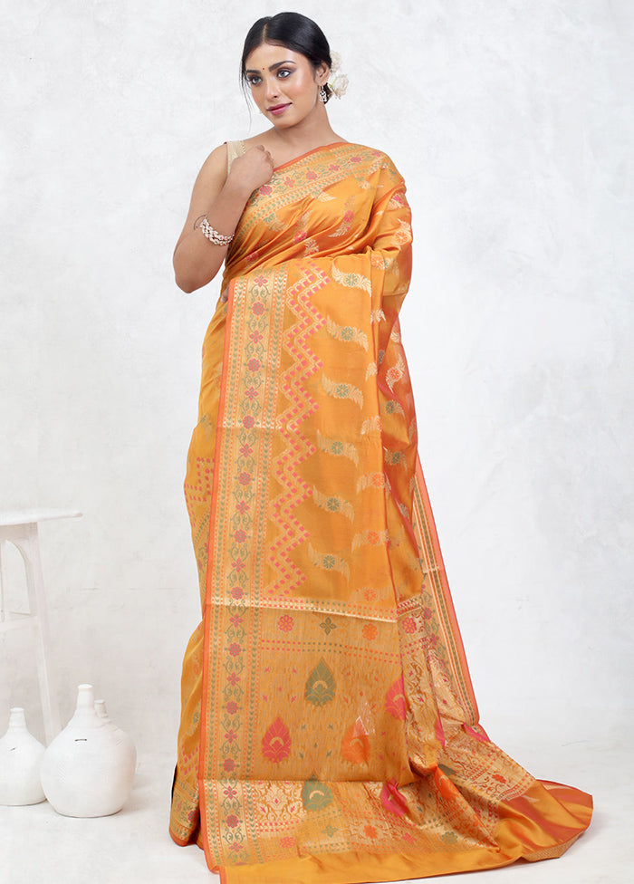 Orange Kora Silk Saree Without Blouse Piece - Indian Silk House Agencies