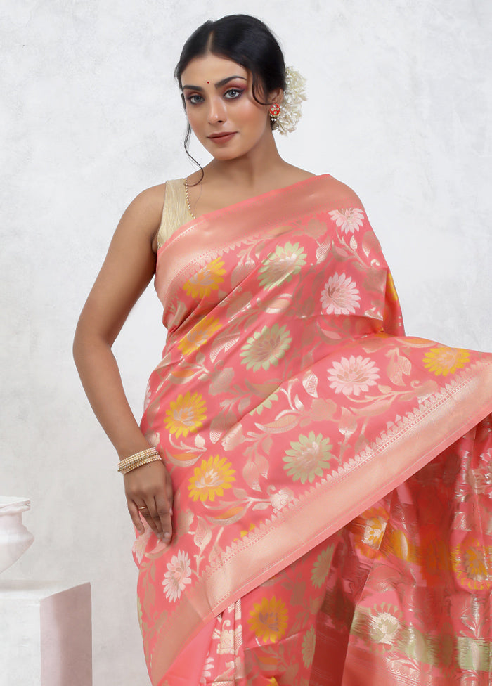 Peach Dupion Silk Saree With Blouse Piece