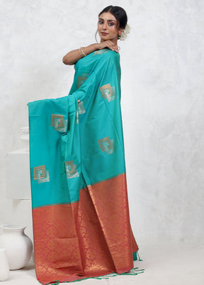 Green Dupion Silk Saree With Blouse Piece - Indian Silk House Agencies