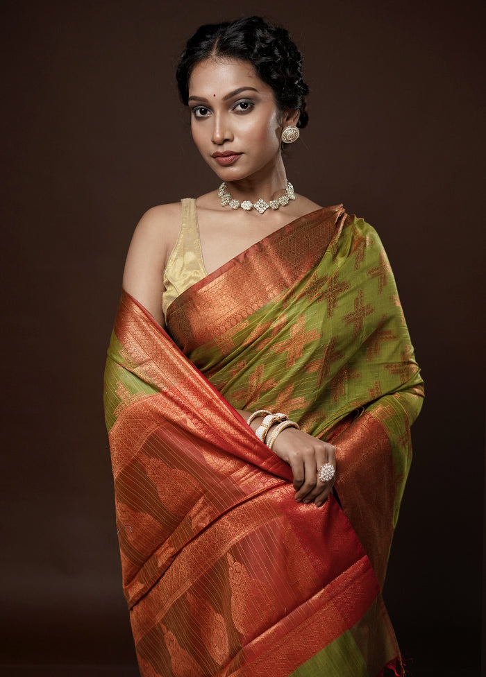 Green Kora Silk Saree With Blouse Piece