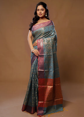 Blue Kora Silk Saree With Blouse Piece - Indian Silk House Agencies