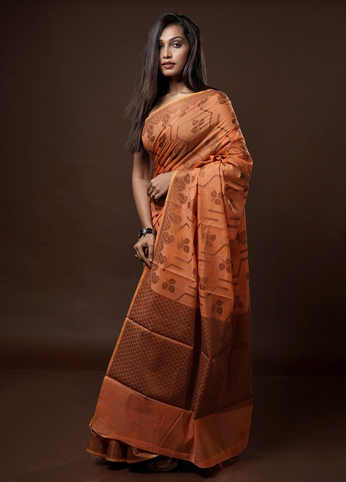 Orange Cotton Saree With Blouse Piece