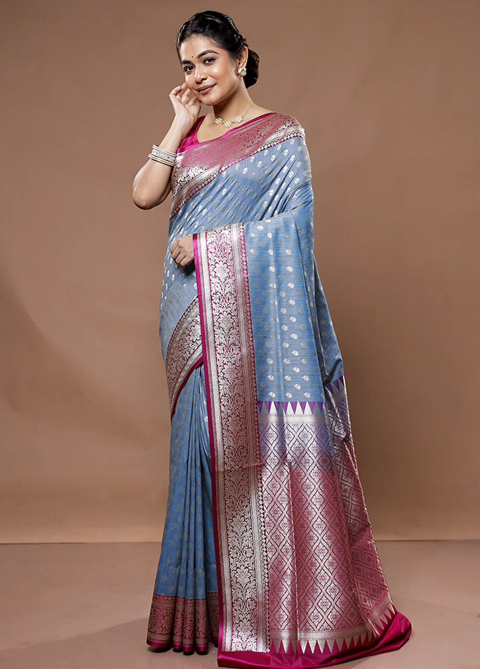 Blue Tussar Silk Saree With Blouse Piece - Indian Silk House Agencies