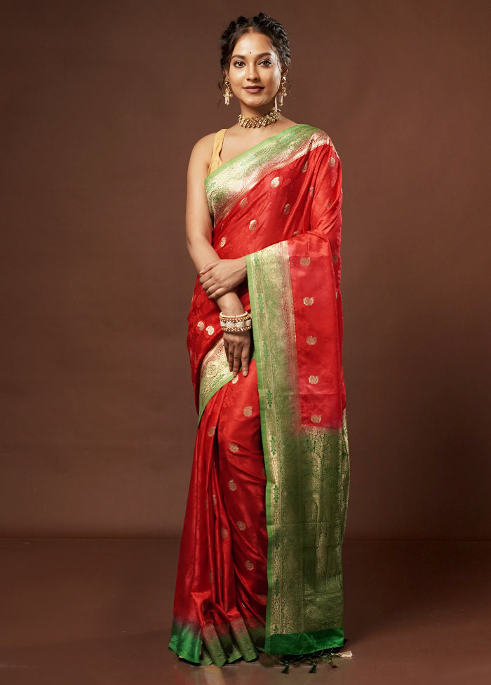 Red Dupion Silk Saree With Blouse Piece