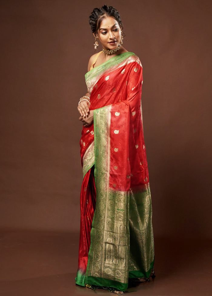 Red Dupion Silk Saree With Blouse Piece