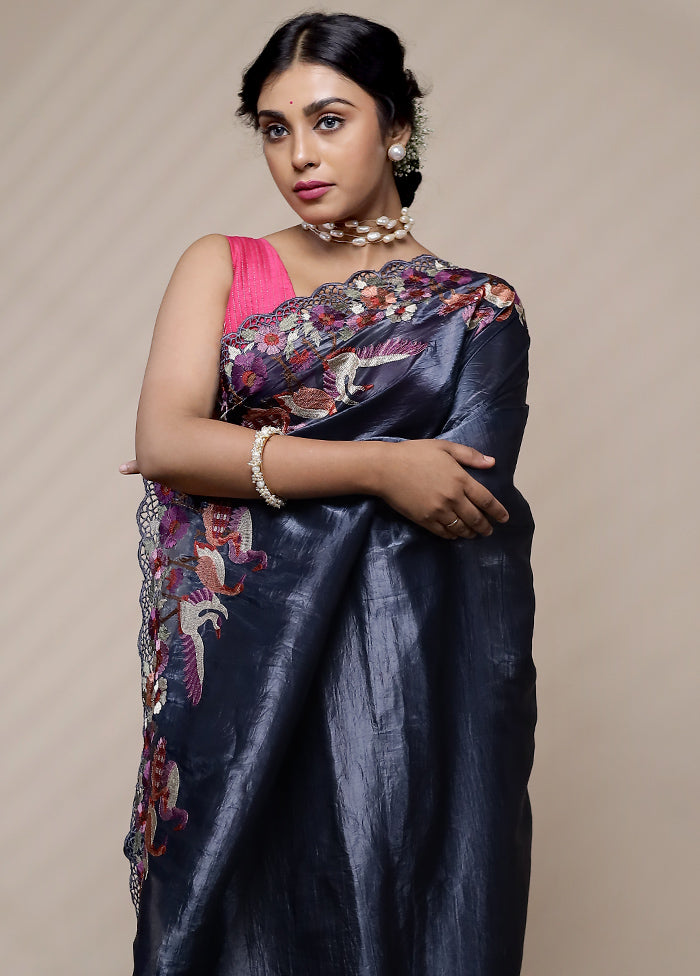 Blue Crushed Tissue Silk Saree With Blouse Piece - Indian Silk House Agencies