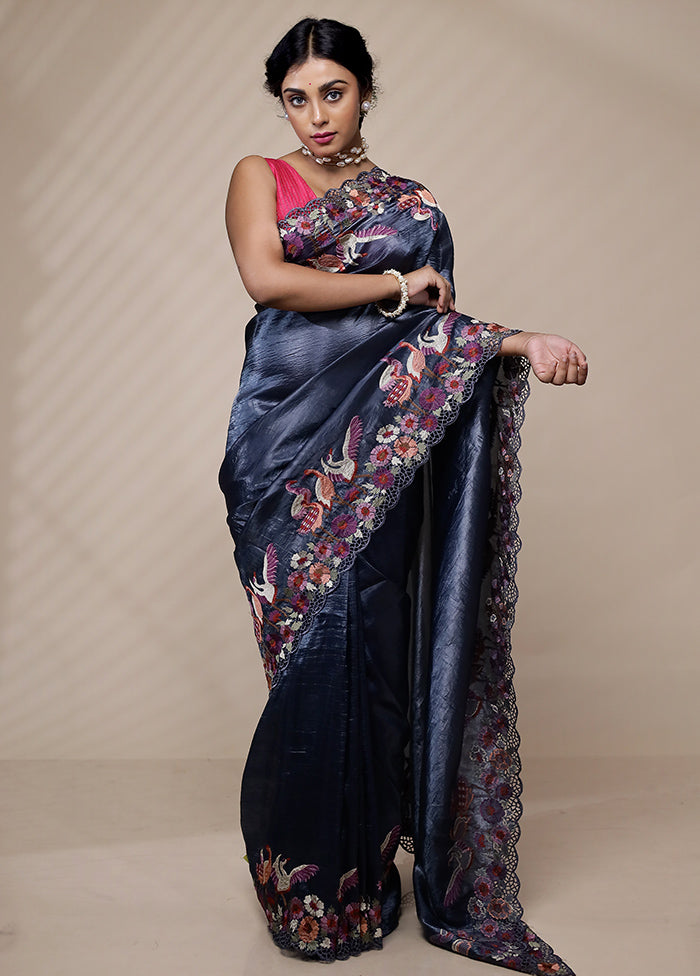 Blue Crushed Tissue Silk Saree With Blouse Piece - Indian Silk House Agencies