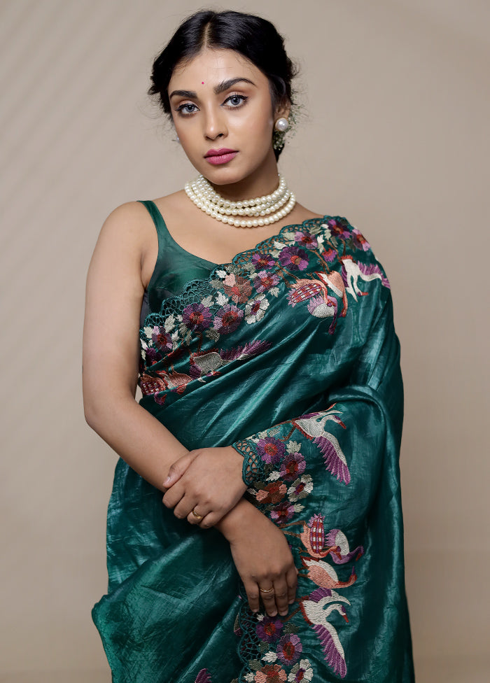 Green Crushed Tissue Silk Saree With Blouse Piece - Indian Silk House Agencies