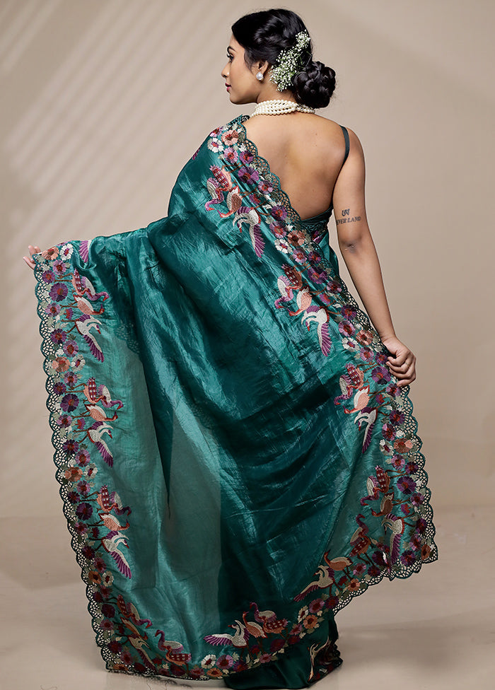 Green Crushed Tissue Silk Saree With Blouse Piece - Indian Silk House Agencies