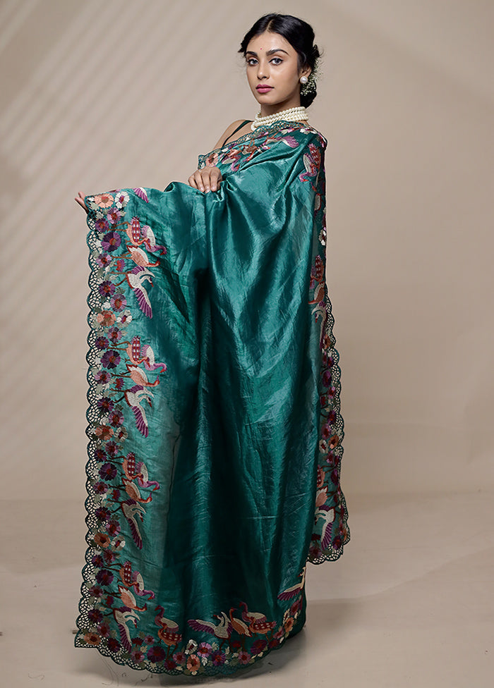 Green Crushed Tissue Silk Saree With Blouse Piece - Indian Silk House Agencies