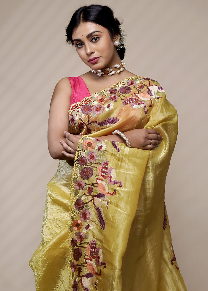 Yellow Crushed Tissue Silk Saree With Blouse Piece - Indian Silk House Agencies