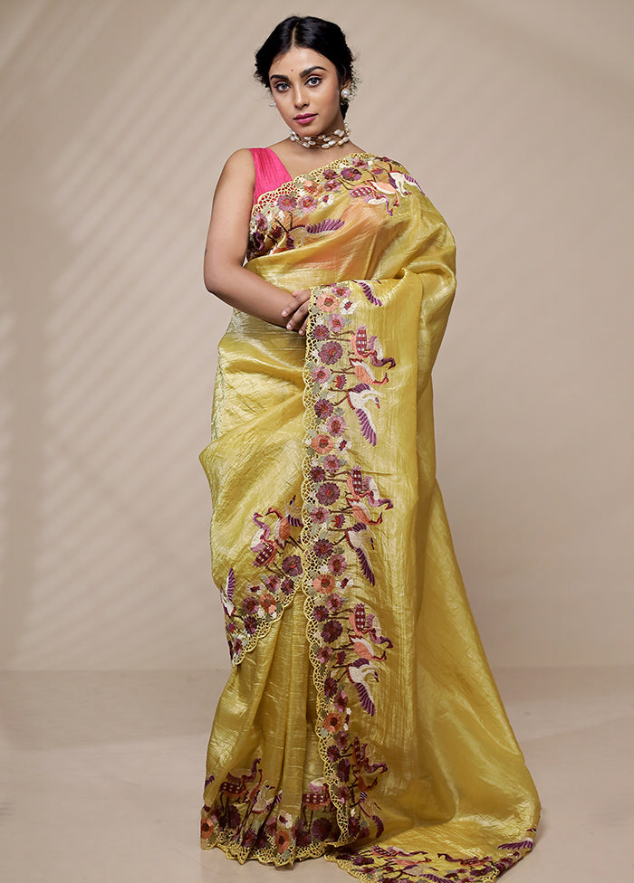 Yellow Crushed Tissue Silk Saree With Blouse Piece - Indian Silk House Agencies