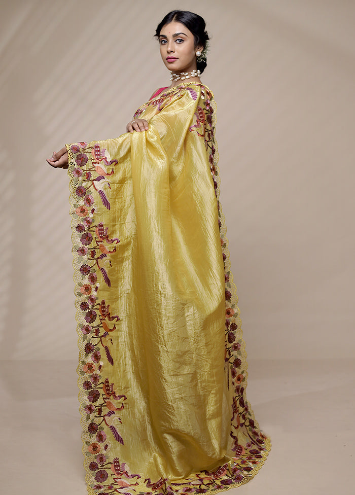 Yellow Crushed Tissue Silk Saree With Blouse Piece - Indian Silk House Agencies