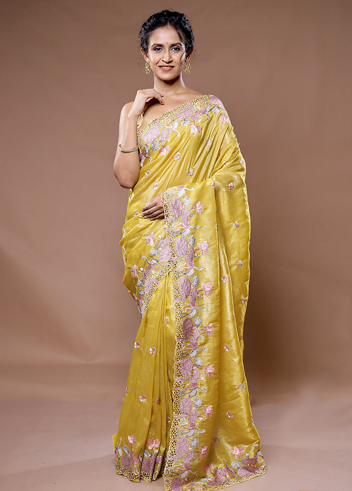 Yellow Crushed Tissue Silk Saree With Blouse Piece