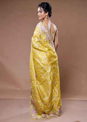 Yellow Crushed Tissue Silk Saree With Blouse Piece