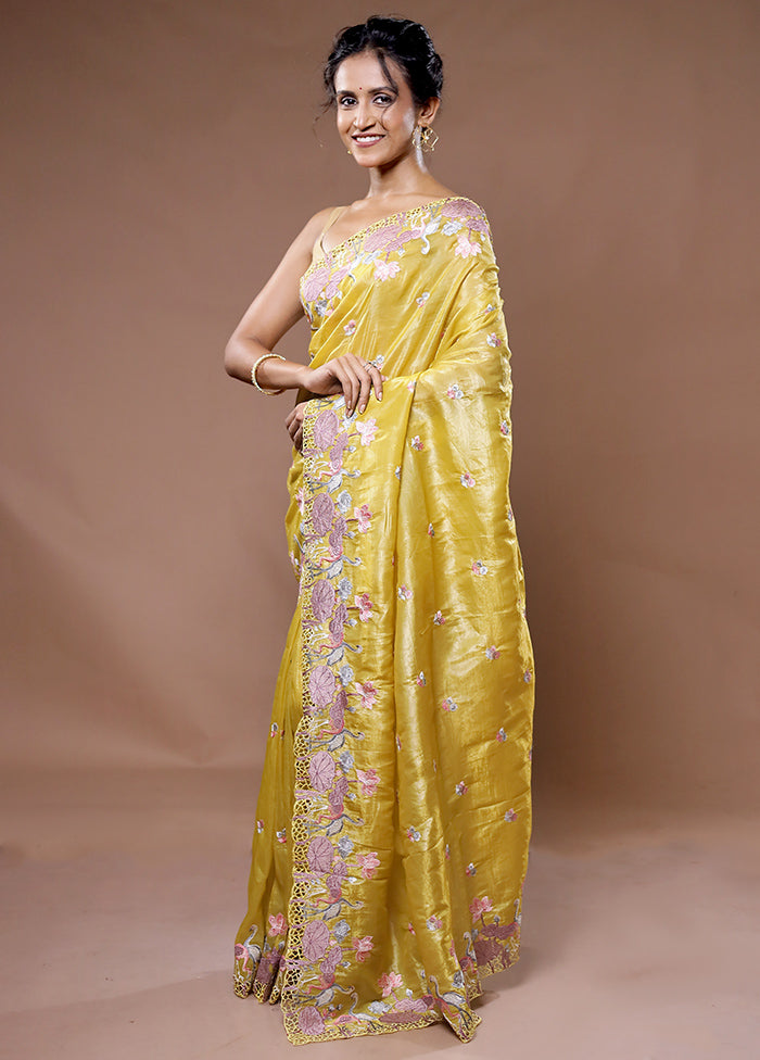 Yellow Crushed Tissue Silk Saree With Blouse Piece