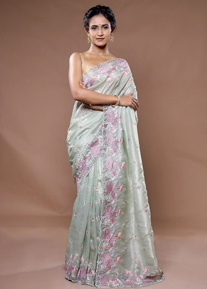 Green Crushed Tissue Silk Saree With Blouse Piece