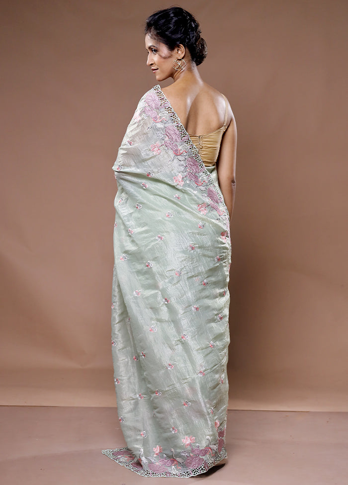 Green Crushed Tissue Silk Saree With Blouse Piece