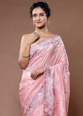 Pink Crushed Tissue Silk Saree With Blouse Piece - Indian Silk House Agencies