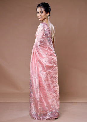 Pink Crushed Tissue Silk Saree With Blouse Piece