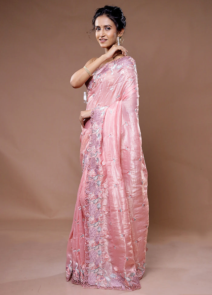 Pink Crushed Tissue Silk Saree With Blouse Piece