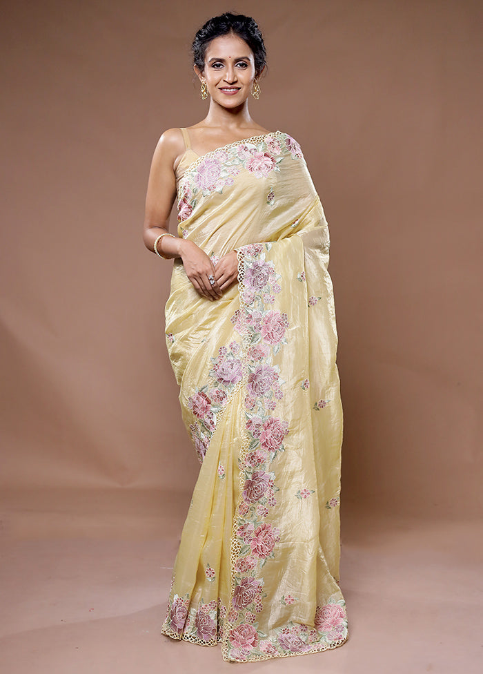 Cream Crushed Tissue Silk Saree With Blouse Piece - Indian Silk House Agencies