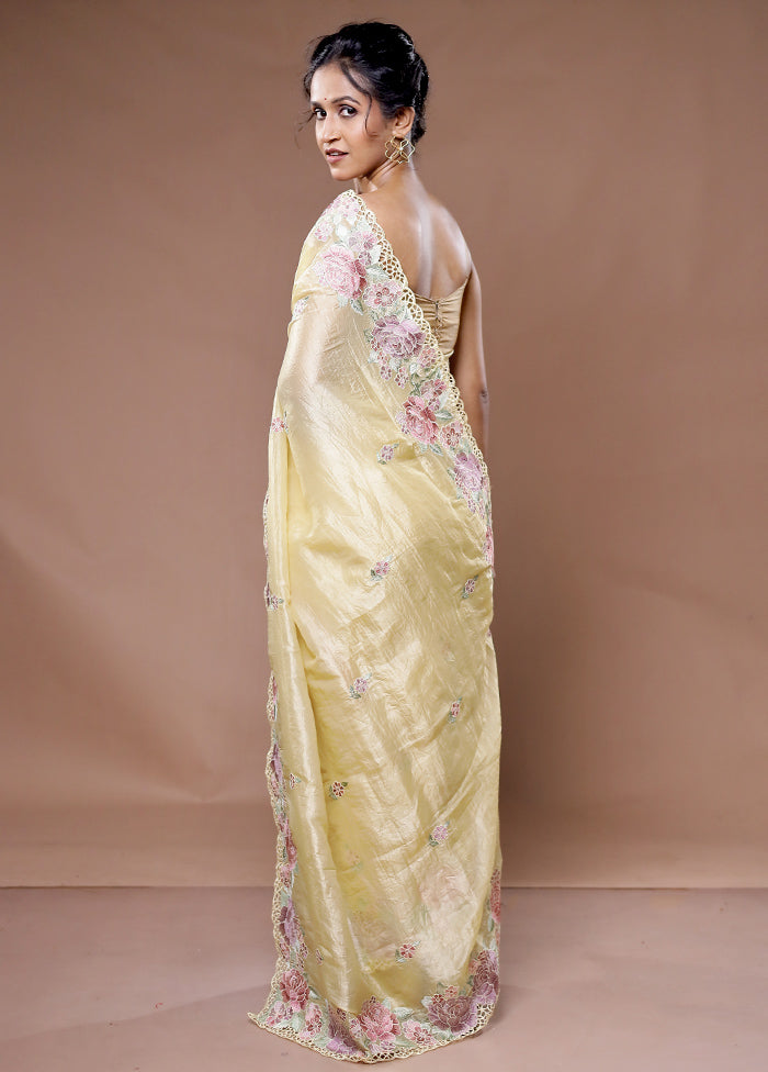 Cream Crushed Tissue Silk Saree With Blouse Piece