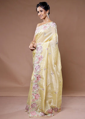 Cream Crushed Tissue Silk Saree With Blouse Piece