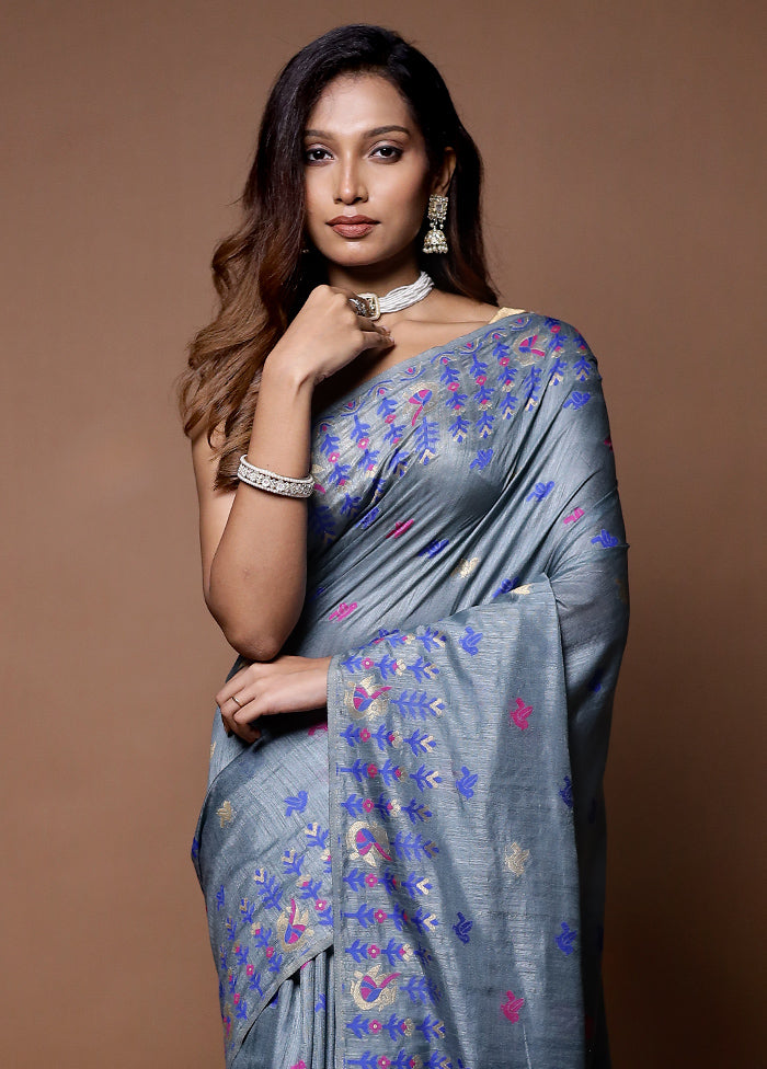 Grey Dupion Silk Saree With Blouse Piece - Indian Silk House Agencies