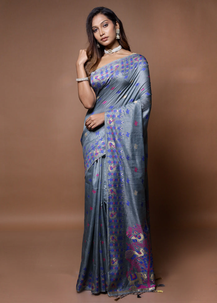 Grey Dupion Silk Saree With Blouse Piece - Indian Silk House Agencies