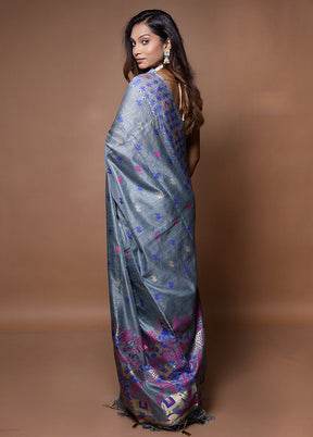 Grey Dupion Silk Saree With Blouse Piece - Indian Silk House Agencies