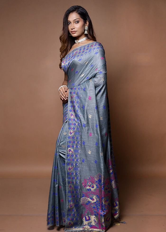 Grey Dupion Silk Saree With Blouse Piece - Indian Silk House Agencies