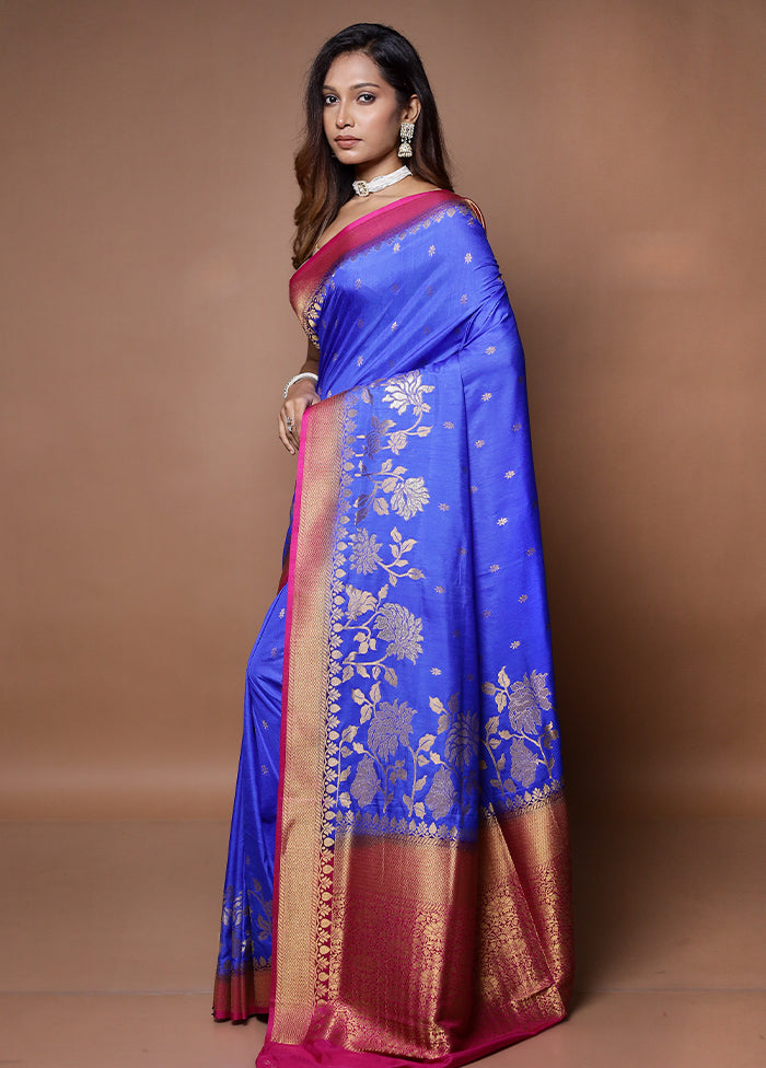 Blue Dupion Silk Saree With Blouse Piece